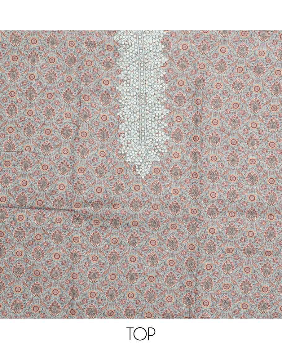 Multi-color chudidhar material set floral embroidery top, contrast plain bottom & blue sequins embroidery dupatta