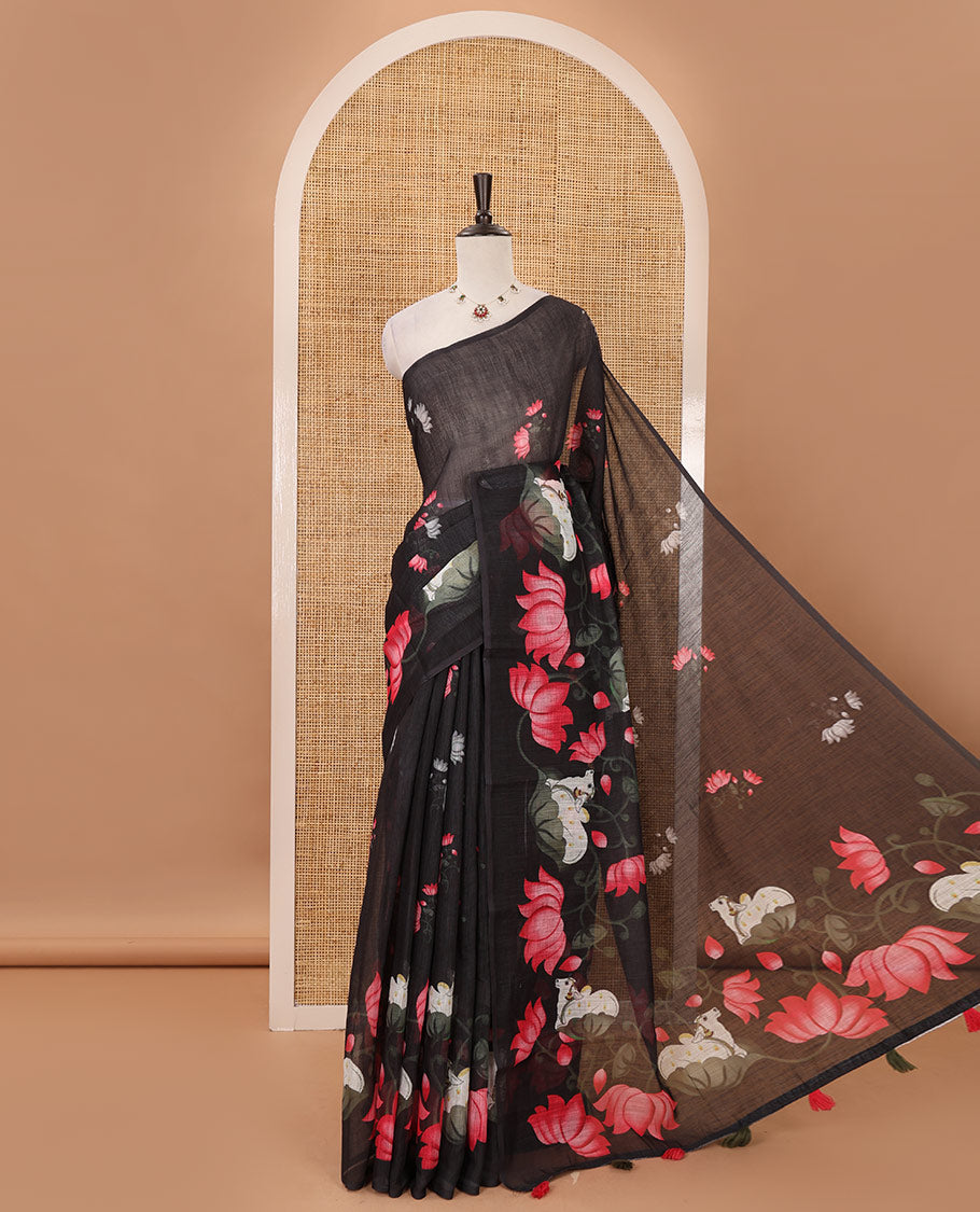 Borderless black Pichwai cow & lotus motifs printed linen saree, pallu of Pichwai cow & lotus print & matching lotus print blouse