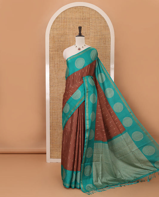 Brown horizontal stripes & muniya buttas katan silk saree, contrast chakram butta border, weaving-style print pallu & contrast print blouse