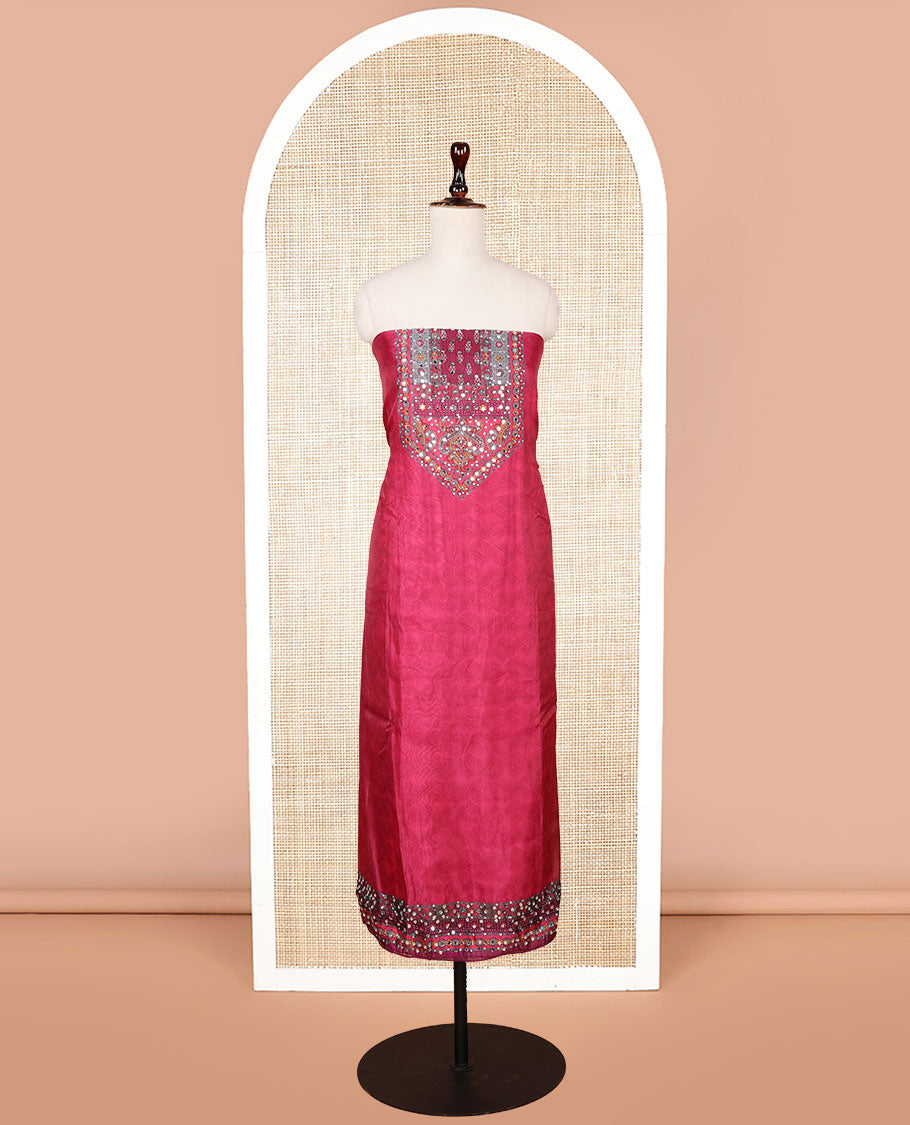 Rani pink ajrak digital print, mirror, stone  work organza chudidhar material top with santton material pant & floral digital print, mirror work dupatta