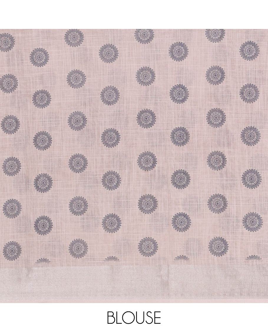 Blue Linen Cotton Saree, Beautified with Rangoli Motifs Printed On Its Body, Complemented by Contrast Floral Printed Border,  Pallu of Butta Enclosed Checks, and Paired with a Contrast Blouse