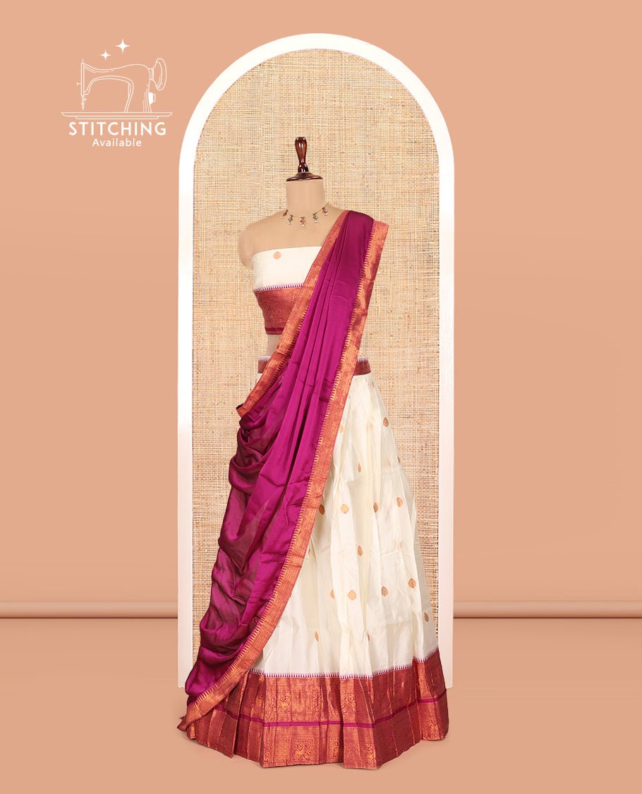 Cream-Wine Banaras-Silk Half-Saree Features Zari Buttas Skirt, a Contrast Traditional Border, a Matching Blouse, a Contrast Dhavani