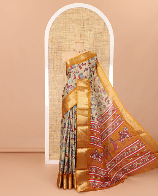 Chikku-mustard color animal and village theme printed khadi jute saree, contrast jaal patterns zari woven border, printed pallu, and a contrast blouse