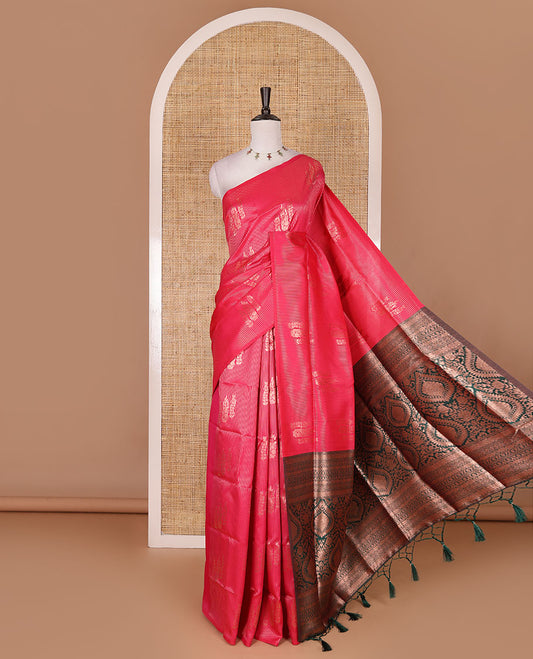 Borderless pink stripes and zari floral buttas elite soft silk saree, contrast ogee patterned zari pallu, and contrast zari design blouse