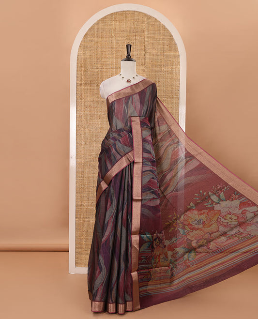 Purple-base multi-color abstract printed black spun linen saree, zari piping border, floral printed pallu & geometric printed blouse