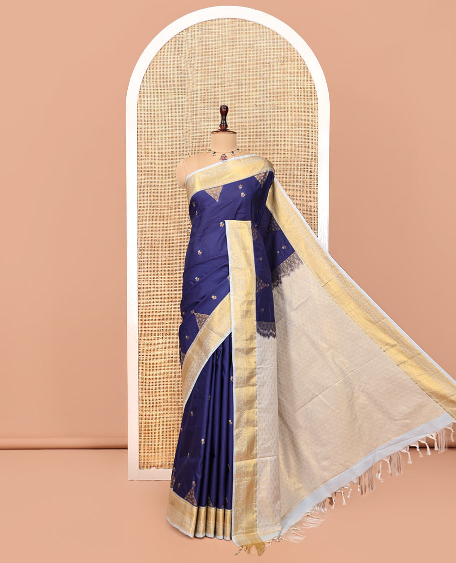 Sky Blue Budget Silk Saree, Embellished with Floral Zari Buttas, a Contrast Traditional Zari Border, Grand Pallu, and a Contrast Blouse