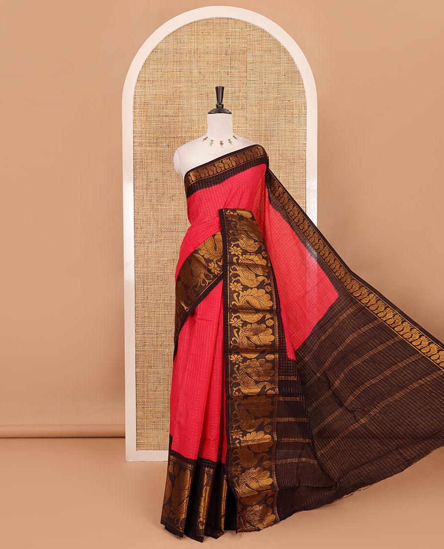 Rani pink zari checked Sungudi cotton saree, contrast zari border decked up with peacock motifs, zari striped pallu & contrast veldhari stripes blouse