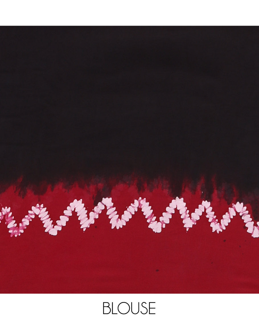 Black-Maroon Plain 60Gm Georgette Saree, Contrast Zig-Zag Batik Printed Border, Batik Printed Pallu, and a Matching Blouse
