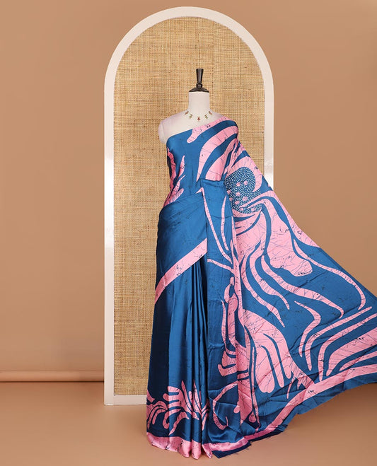 Borderless blue  abstract style vines batik printed Gajji silk saree, printed pallu, and plain blouse
