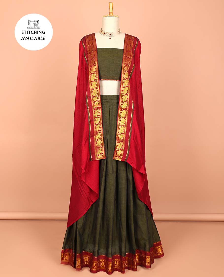 Blue cotton half saree with contrast zari border, plain blouse & plain with zari border dhavani