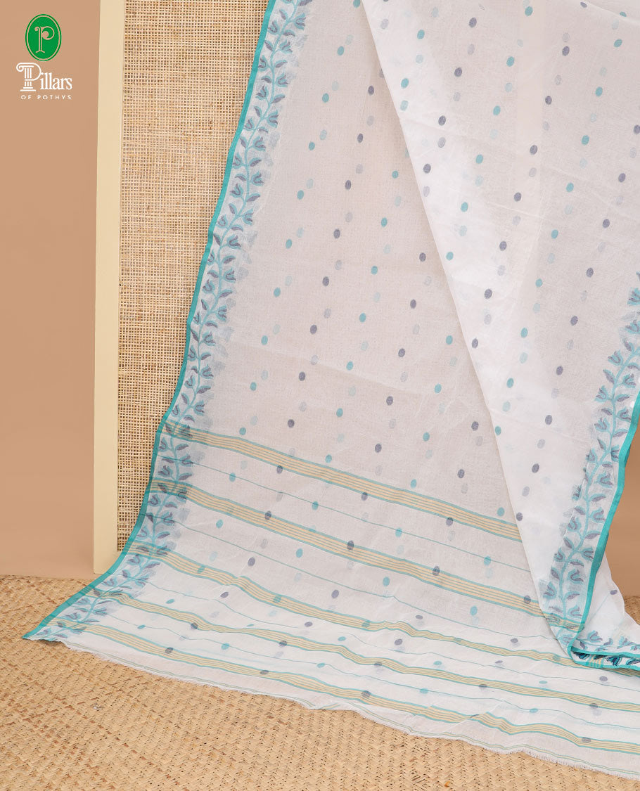 White thread butta bengal cotton saree with resham border & chit pallu allong with linen digital shafread blouse