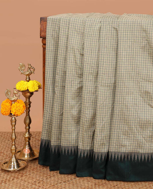 Pista green checked kalyani cotton saree with contrast temple border & contrast rich reaving pallu along with contrast blouse