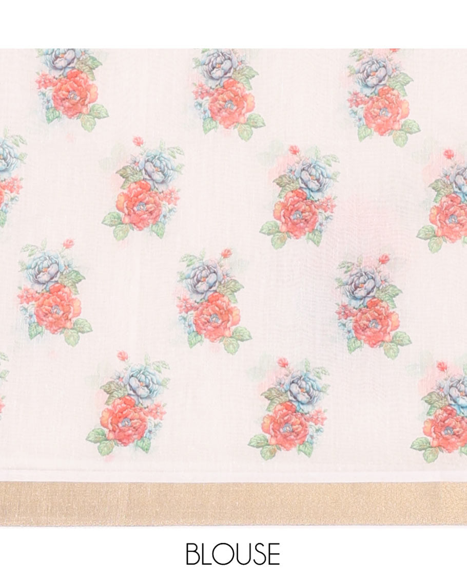Cream Banaras Tissue Saree, Enthralled with Floral Motifs Printed on Its Body, Subtly Bavanji Border, Pallu Depicts Floral Prints, and Stripes, and Paired with a Matching Blouse