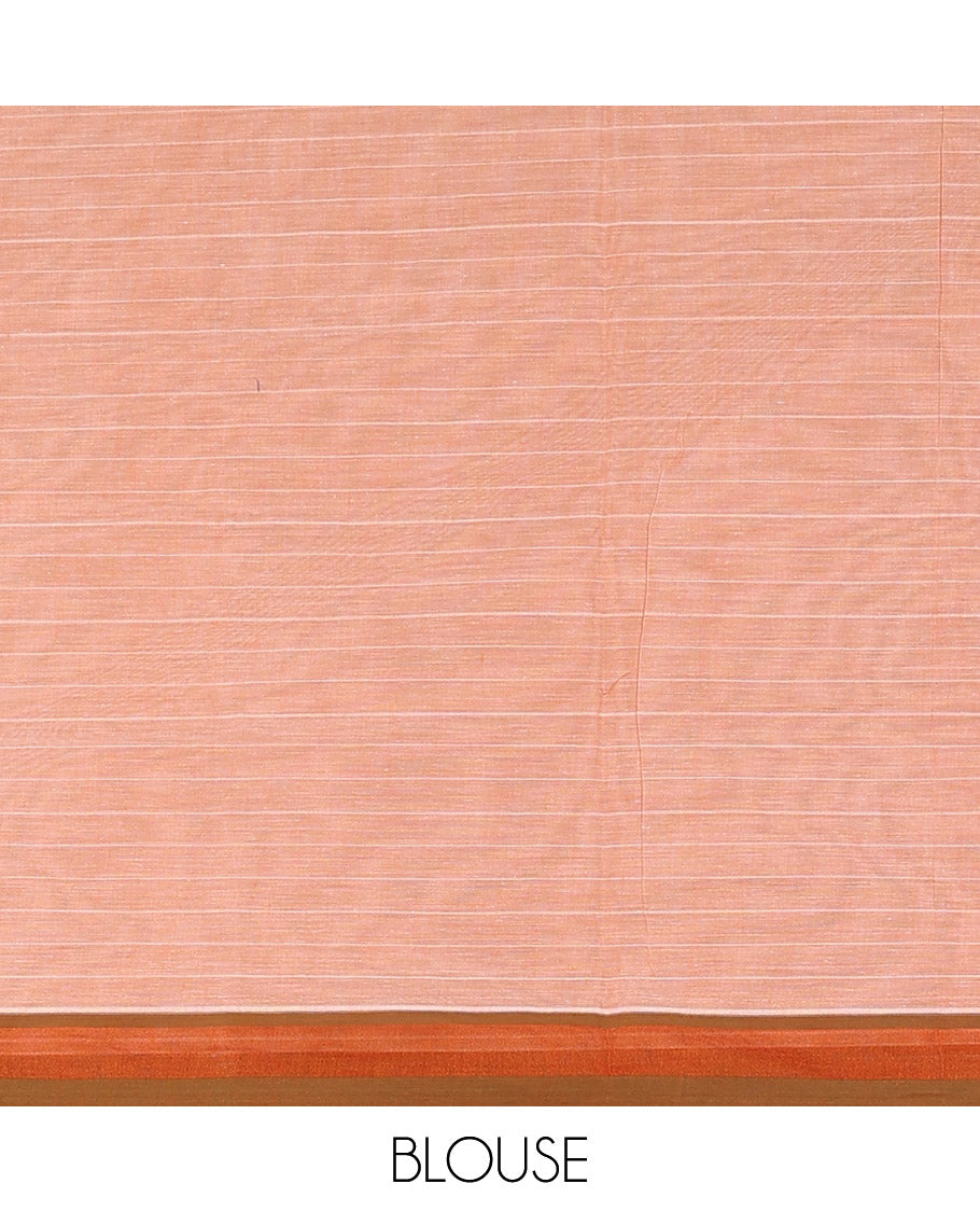 Peach-striped Coimbatore cotton saree with buttas, contrast plain border & paisley design pallu