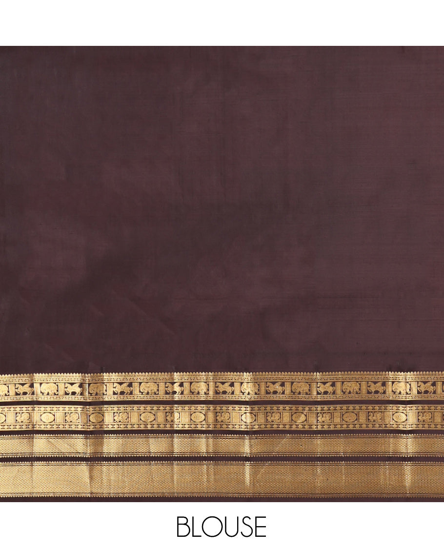 Lavender Mayil-Chakram Buttas Vasundhara Silk Saree, Contrast Border of Thilakam, Neli, Yaanai, Kuthirai, Mayil Chakram, Rudraksha, and Mayil Kann, Grand Pallu, and a Contrast Blouse