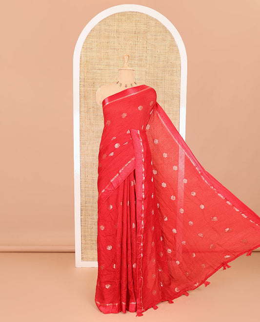 Red floral zari buttas viscose khadi silk saree, traditional zari satin border, floral zari buttas woven pallu, and a matching zari design blouse