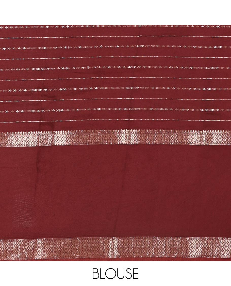 Elaichi Green Assam Silk Saree, Embellished with Horizontal Zari Stripes All Over Its Body, Complemented by a Contrast Traditional Zari Design Rettai Pettu Border, Grand Zari Striped Pallu, and Paired with a Contrast Blouse