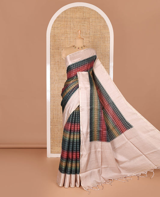 Green multi-color dyed with zari checked semi-tussar saree, contrast temple border of zari stripes, plain pallu, and contrast plain blouse
