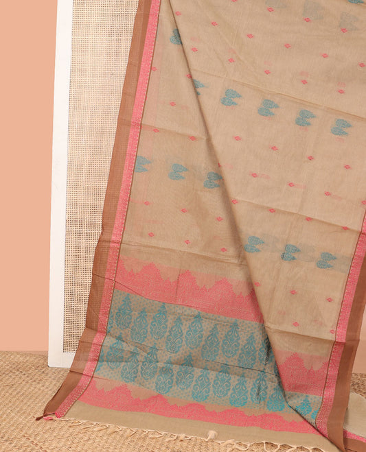 Light brown all-over floral design coimbatore cotton saree with contrast floral design border