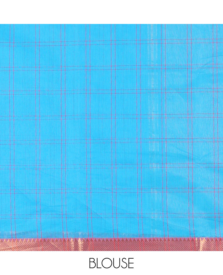 Blue checked design khadi cotton saree, contrast zari border & traditional zari pallu