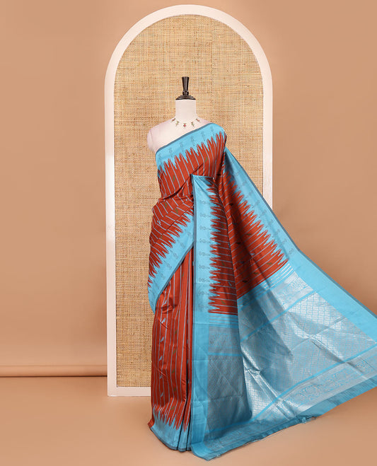 Rust vertical striped & parrot motifs kanchi silk saree, contrast satin temple border, zari-rich jaal pallu & contrast zari design blouse