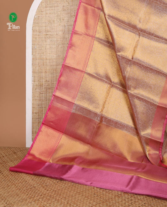 Gold pink jaal design tissue celebrity saree with zari border & brocade rich pallu along with brocade blouse