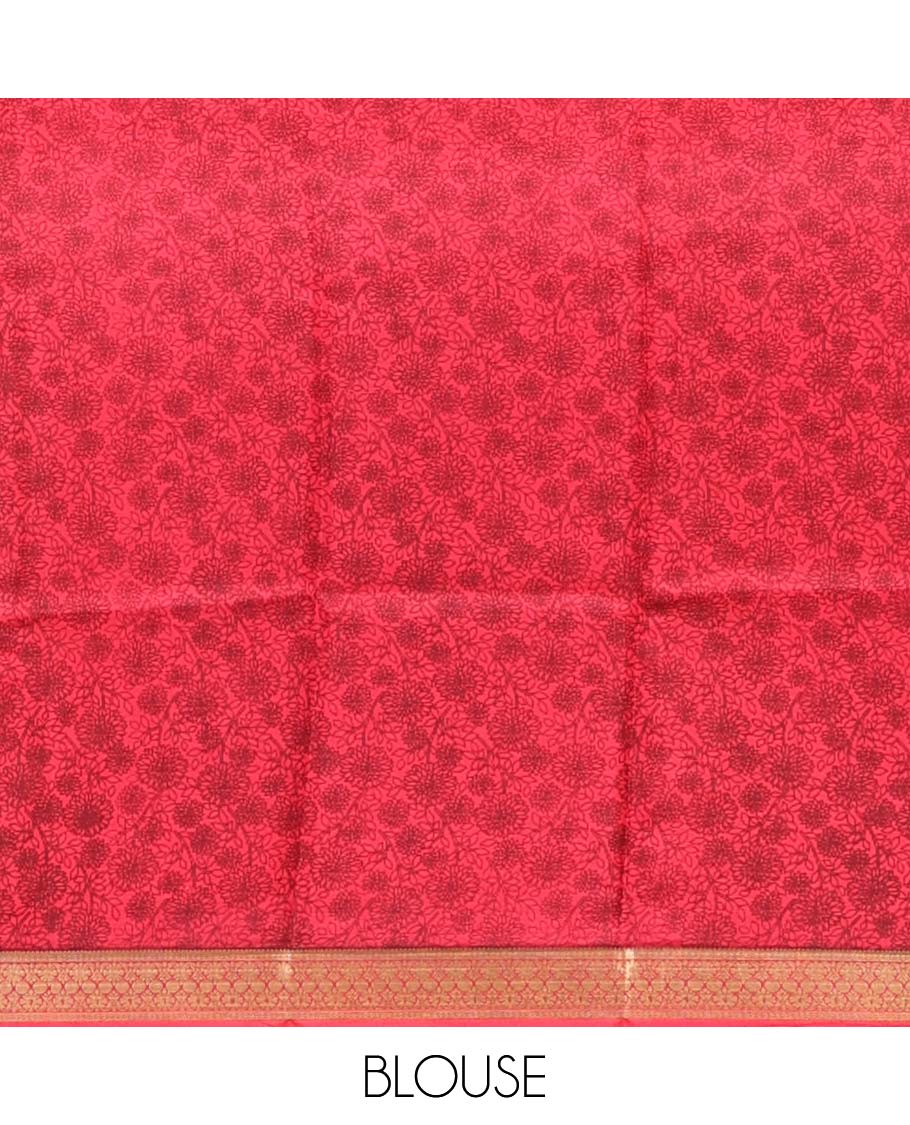 Pink Printed Silk Saree, Gracefully Embellished with Geometric Prints, Highlighted by a Traditional Zari Border, Printed Pallu, and a Matching Blouse