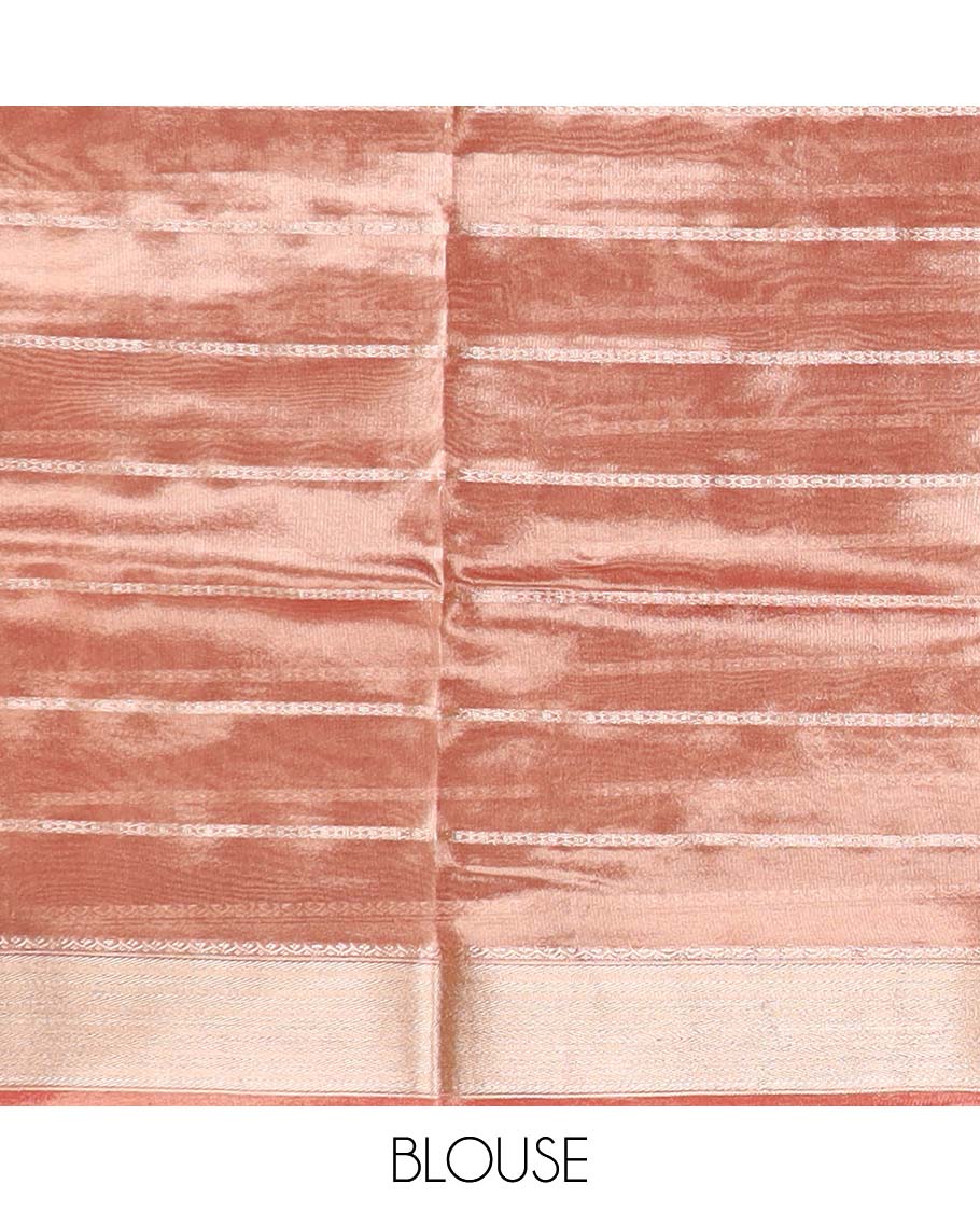 Orange striped semi-banaras tissue saree,  plain border & striped pallu 