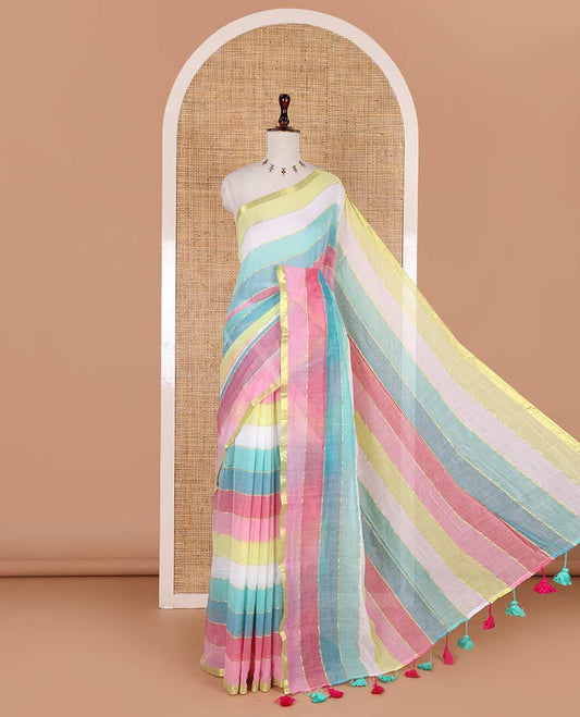 Borderless multi-hue rainbow striped khadi mul cotton saree, self-pallu with multi-hue tassels and a matching blouse