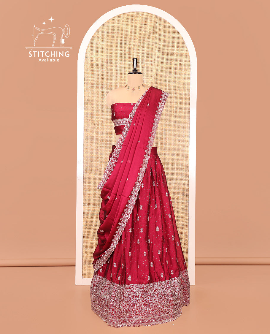 Rani Pink Georgette Half-Saree Featuring Embroidery Skirt, Floral Embroidered Border, Matching Blouse, Embroidered Dhavani