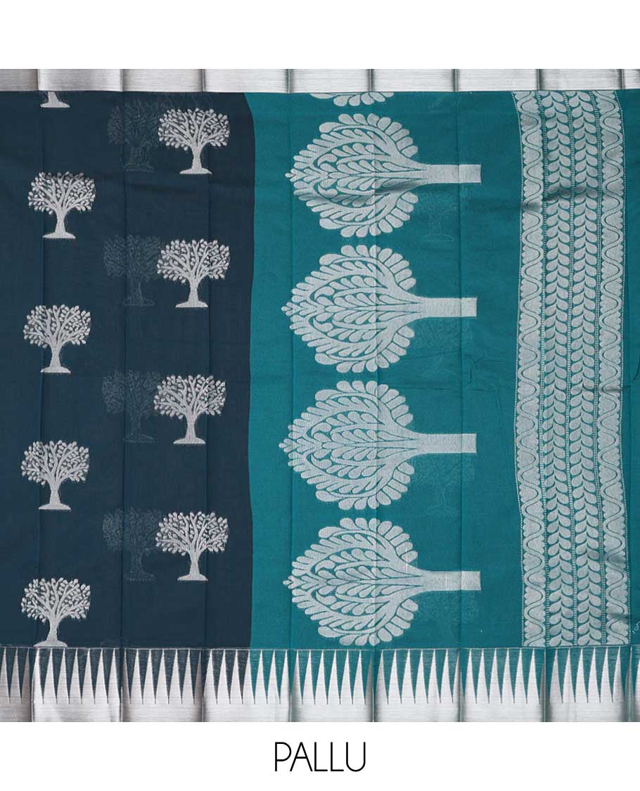 Dark blue tree design kora cotton saree with contrast temple border & floral design pallu
