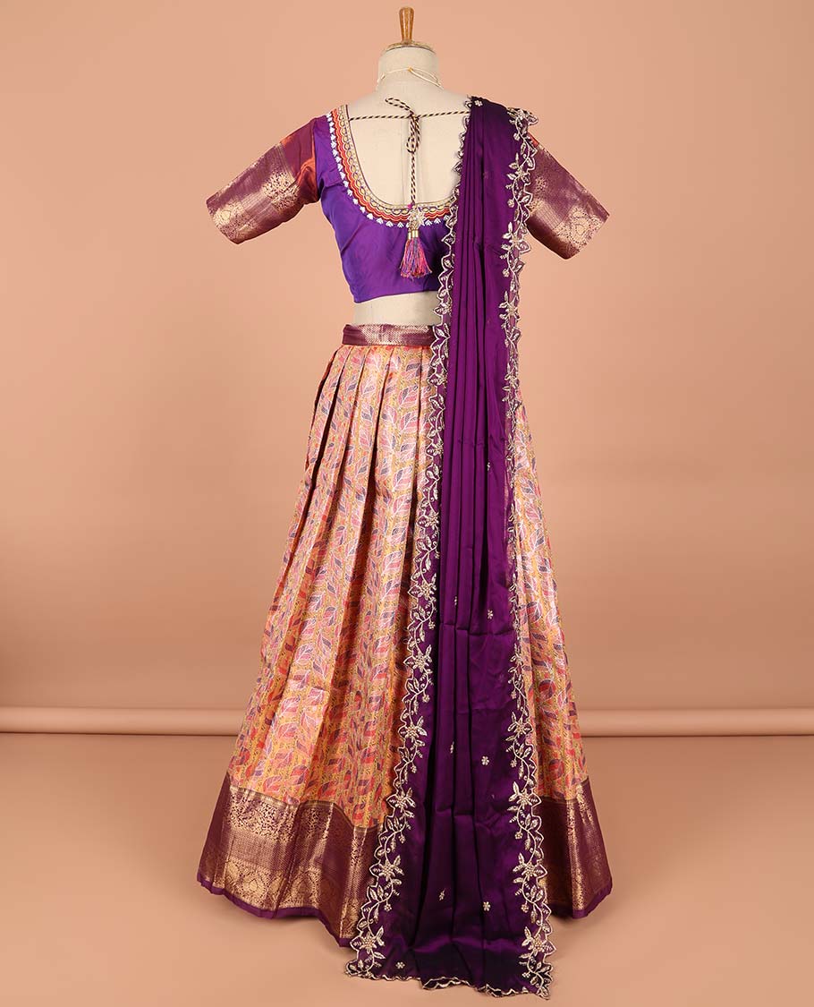 Multi-color floral jacquard semi-stitched half saree with contrast zari border,  embroidered blouse & scallop border dhavani