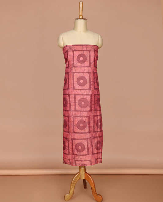 Pink with brown geometric batik print bhagalpur cotton chudidhar material top with batik print cotton pants & batik print mul mul dupatta