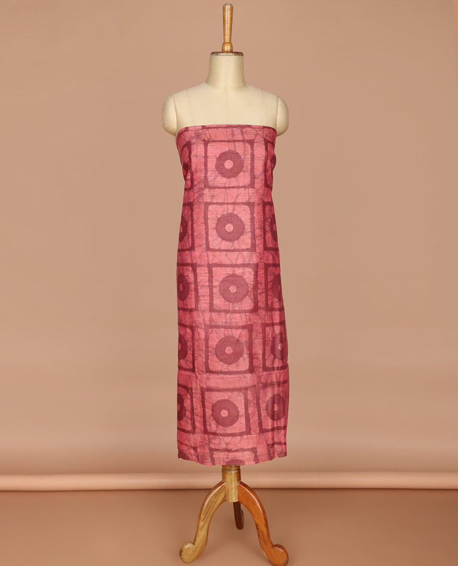 Pink with brown geometric batik print bhagalpur cotton chudidhar material top with batik print cotton pants & batik print mul mul dupatta