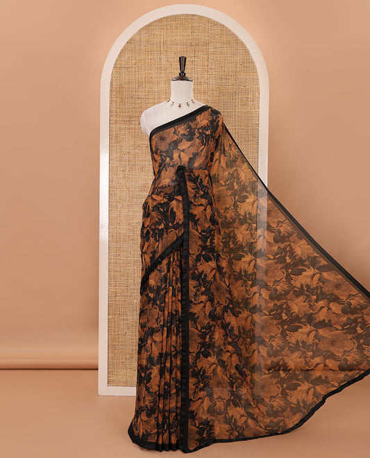 Black-rust floral digital printed georgette saree, satin lace plain border & black plain blouse