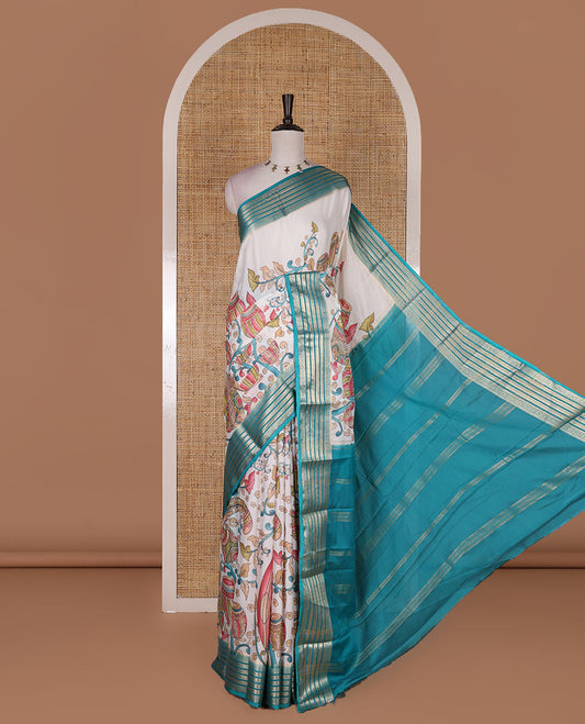 Half-white kalamkari style colorful printed art Mysore silk saree, contrast traditional zari border, zari striped pallu, and contrast plain blouse