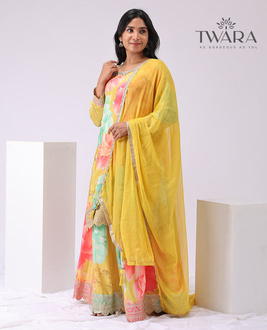 Yellow floral printed, embroidered round neck, 3/4/ th sleeve, knee lenght with floral print palazo & embroidered dupatta