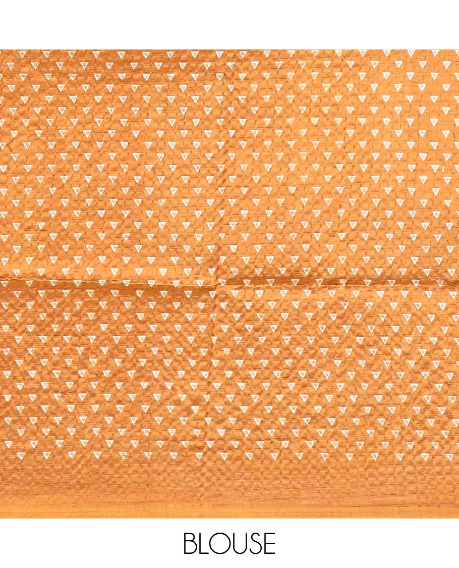 Mustard batik-style warli printed Litch crushed saree, batik chevron border, floral-geometric printed pallu & triangle motif blouse