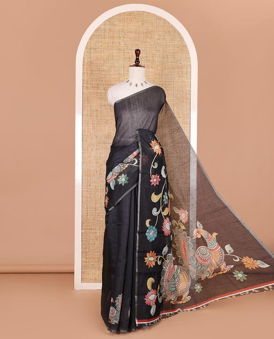 Borderless black kalamkari floral vine and peacock printed Chanderi cotton saree, printed pallu, and matching kalamkari printed blouse