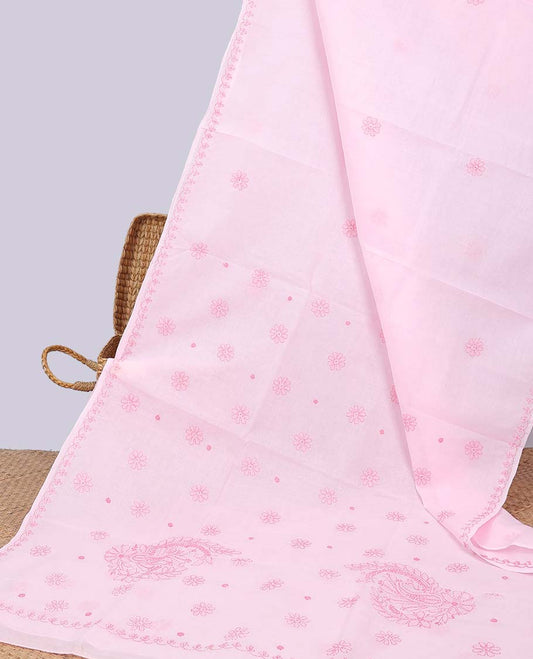 Pink floral embroidery lucknowi chikankari cotton saree,self scallop design border & pallu of floral embroidery