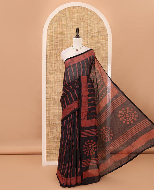 Brown handblock wax batik printed kota check saree, contrast batik print lacework border, batik print pallu & polka dots print blouse