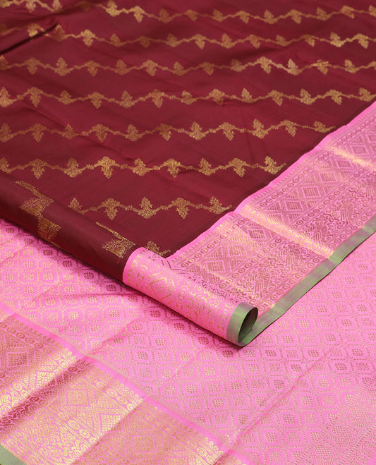 Maroon floral vine design kancheepuram silk saree  with contrast korvai border of intricate zari design border & floral checked design pallu
