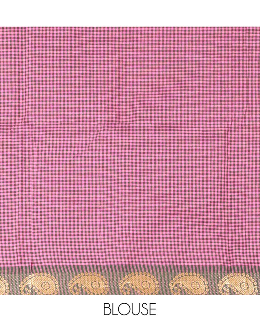Pink Chettinad Cotton Saree, Adorned with Checked Design on Its Body, Complemented by a Contrast Paisley Border, Subtly Striped Pallu, and Paired with a Matching Blouse