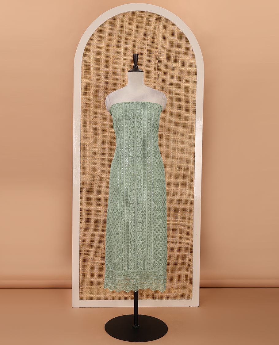 Green material chudidar set,  floral, paisley & geometric schiffli embroidered georgette top & orginal mirror embroidered georgette dupatta