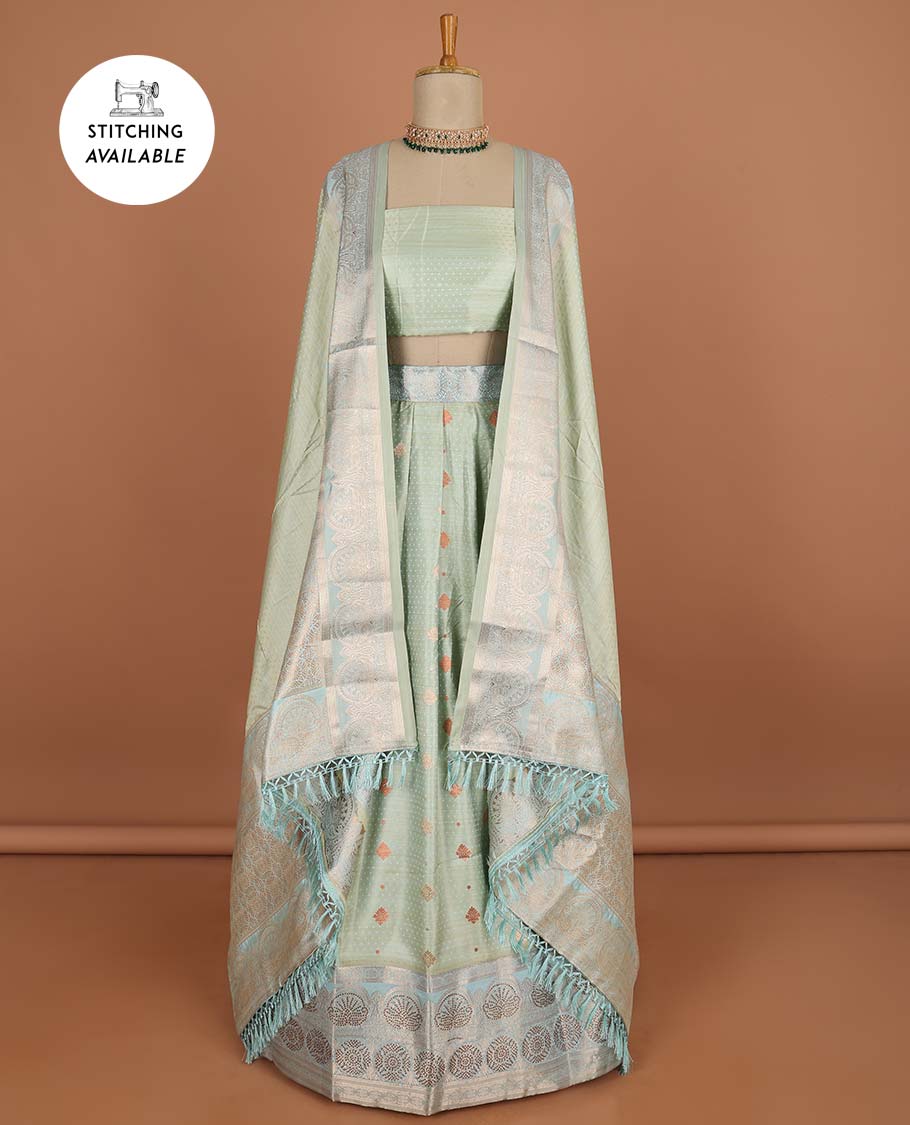 Green floral buttas half sare with contrast zari border, zari design blouse & intricate zari design dhavani