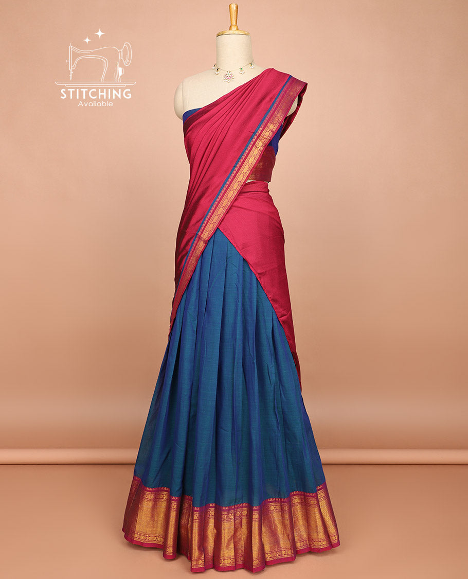 Ink blue cotton half saree with contrast traditional zari design border, floral design blouse & floral design border dhavani