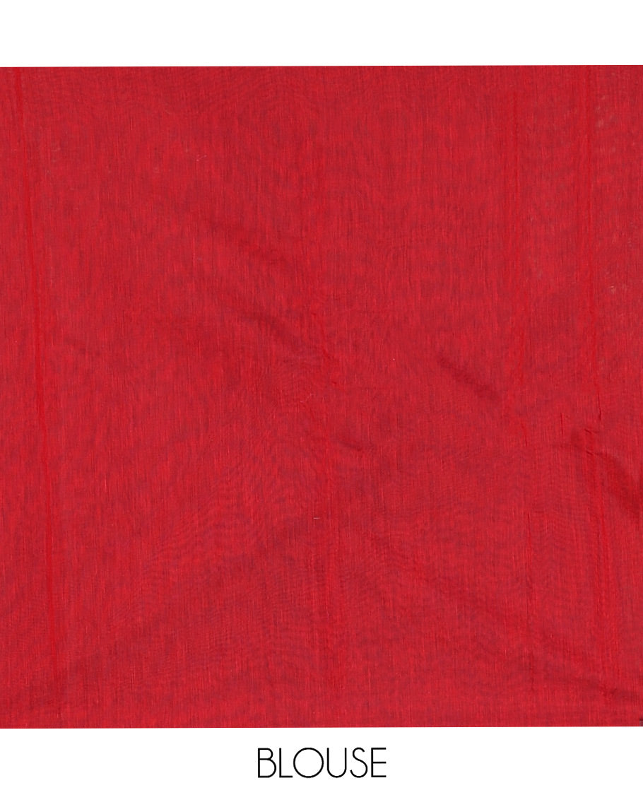 Borderless Red Semi-Silk Cotton Saree, Gracefully Embellished with Traditional Zari Designs on Its Body, Highlighted by Pallu of Chevron Designs, and Paired with a Matching Blouse