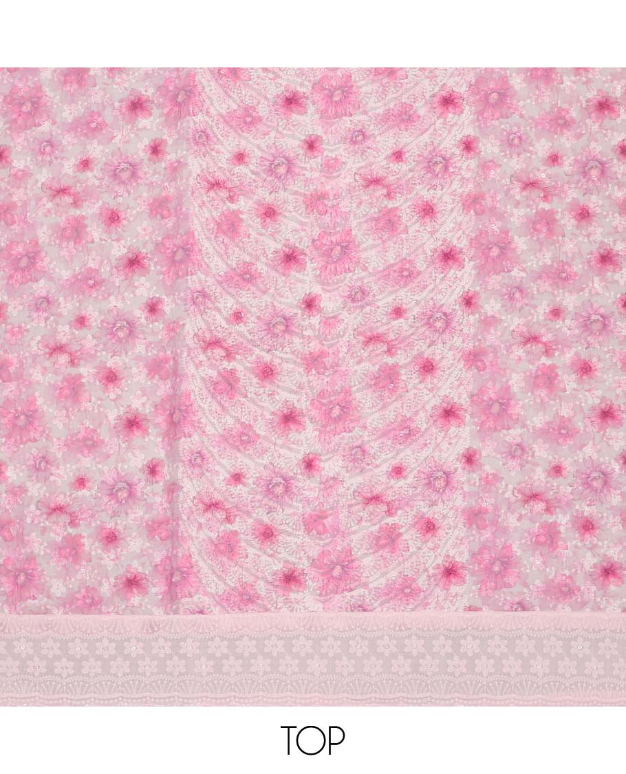 Pink chudidhar material set floral emboridery top, plain botttom & floral vine thread embroidery dupatta