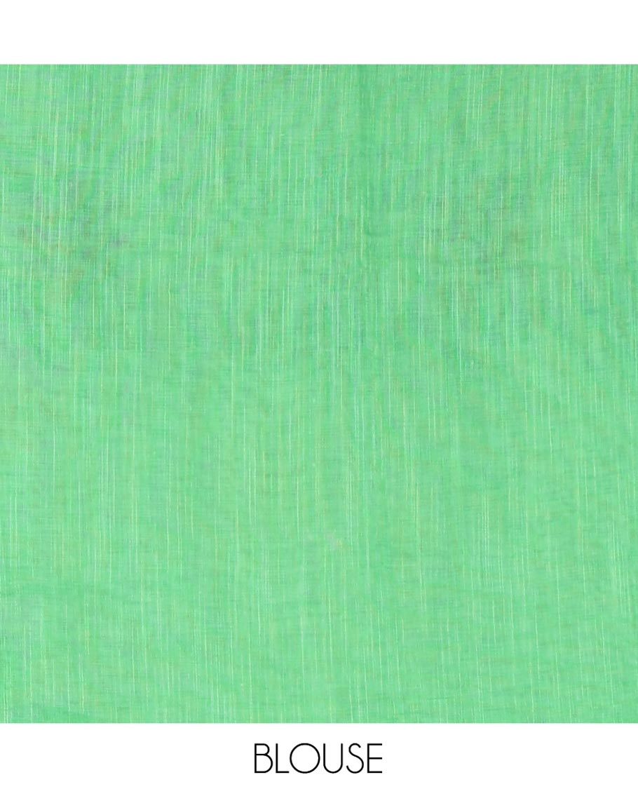 Green Linen Cotton Saree, Gleamed up with Mirror Work On Its Body, Complemented by Contrast Temple Checked Border of Floral Print and Mirror Work, Pallu Mirrors the Same Design and Paired with a Contrast Blouse