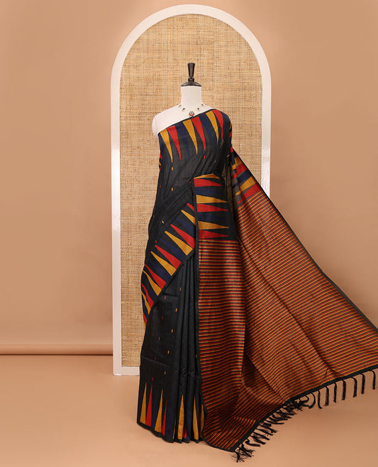 Black thread buttas banarasi jute cotton saree, temple border, pallu steeped with multi-color stripes & thread weave blouse